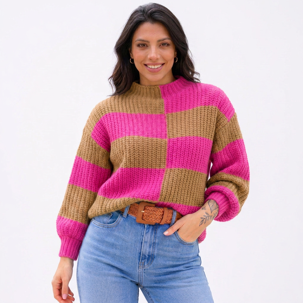 Blusa Tricô Xadrez Manga Longa Verde e Bege