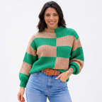 Blusa Tricô Xadrez Manga Longa Verde e Bege