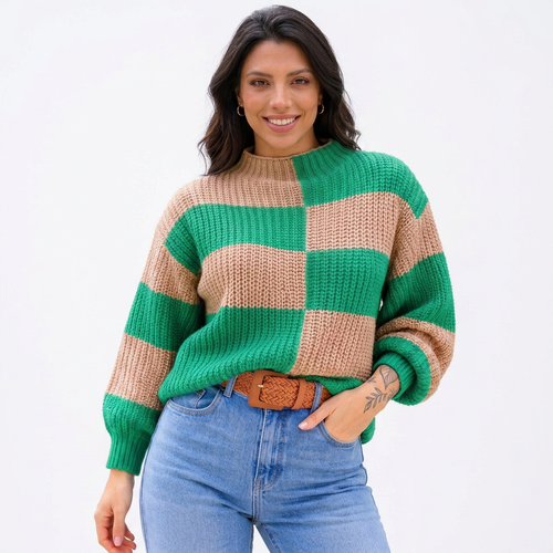 Blusa Tricô Xadrez Manga Longa Verde e Bege