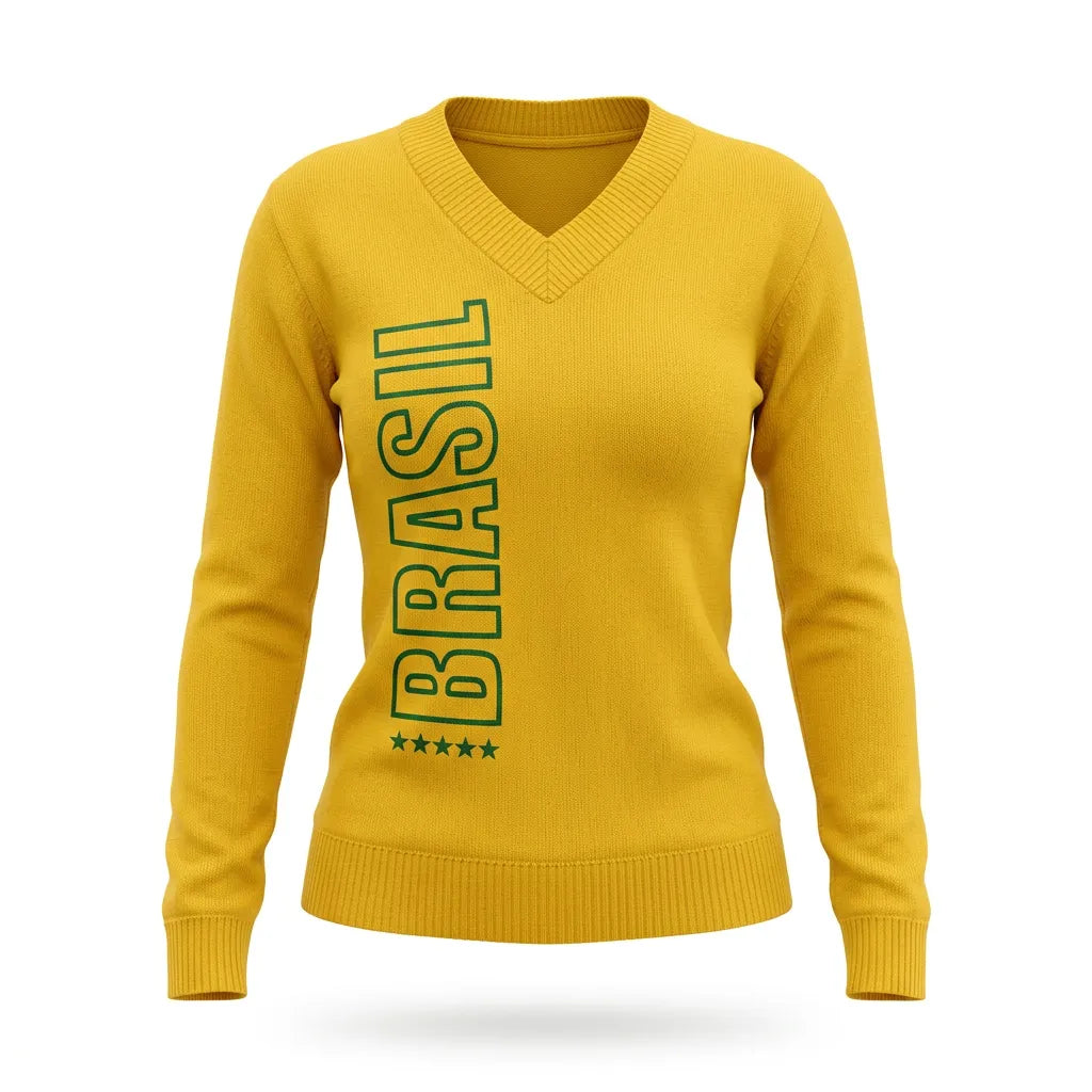 Blusa tricot feminina brasil amarelo BRASIL frontal frio — vista frente — VAI DAR BRASIL Copa 2026