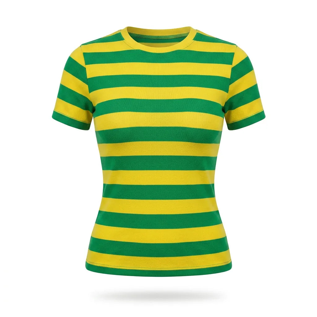 Blusa tricot listrada feminina brasil verde amarelo — vista frontal — VAI DAR BRASIL Copa 2026 elegante torcida