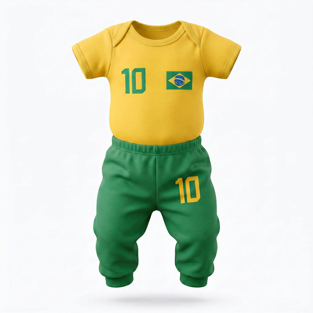 Body bebê brasil bandeira estilizada amarelo algodão — vista frontal — VAI DAR BRASIL Copa 2026 torcida