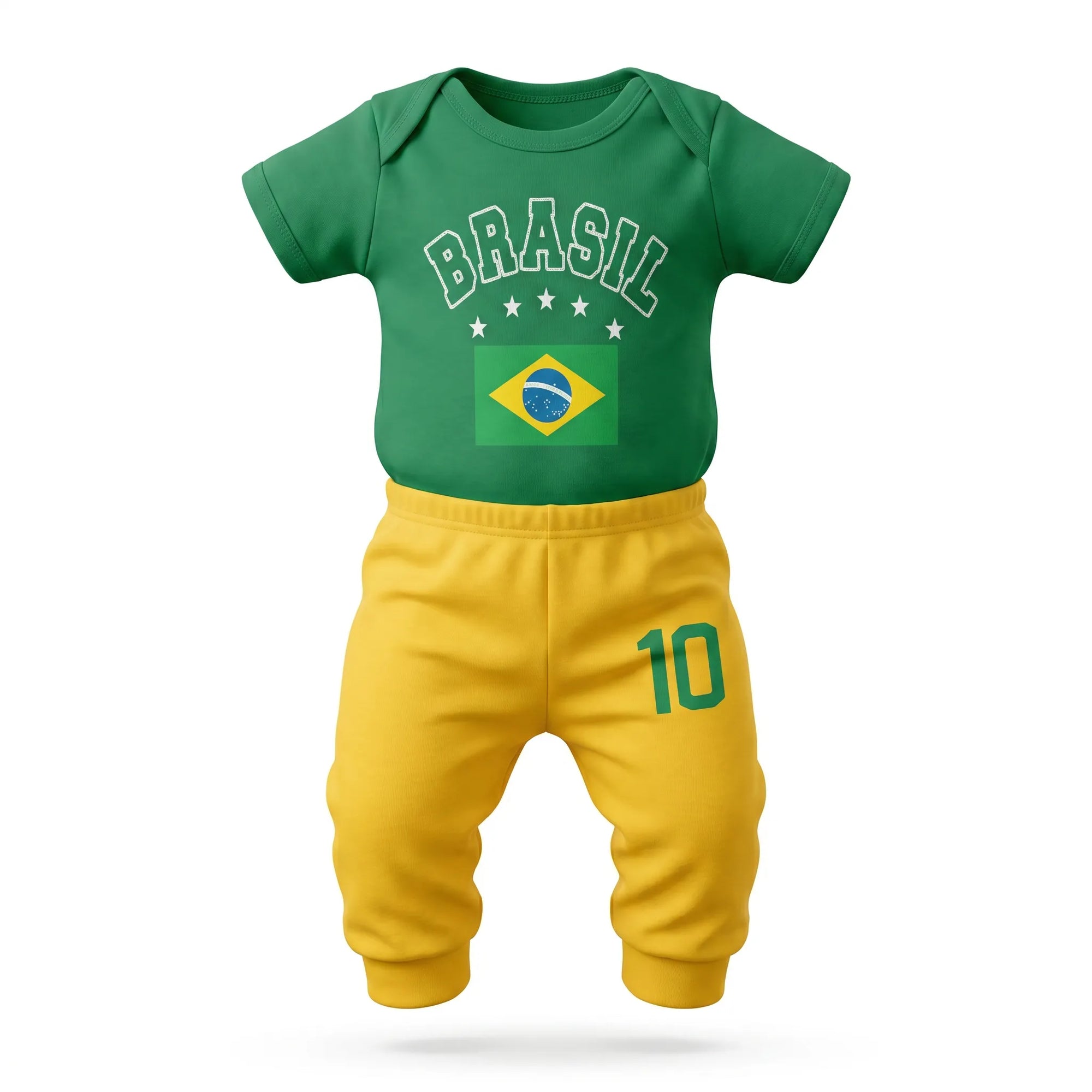Body bebê brasil bandeira estilizada verde algodão — vista frontal — VAI DAR BRASIL Copa 2026 torcida