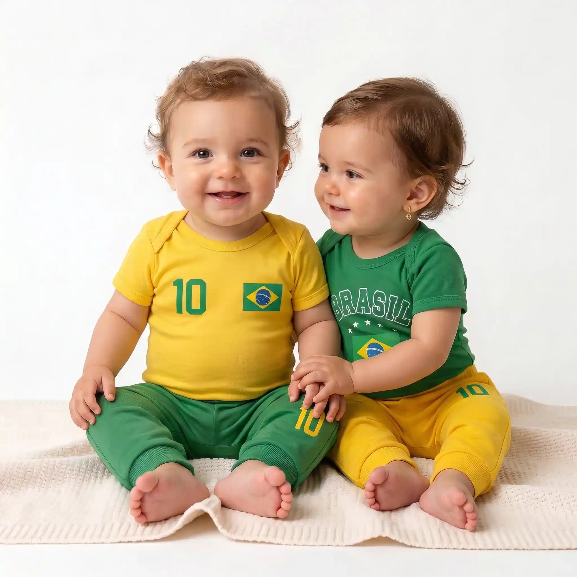 Bebê usando body brasil bandeira estilizada verde amarelo algodão — look torcida Copa 2026 VAI DAR BRASIL