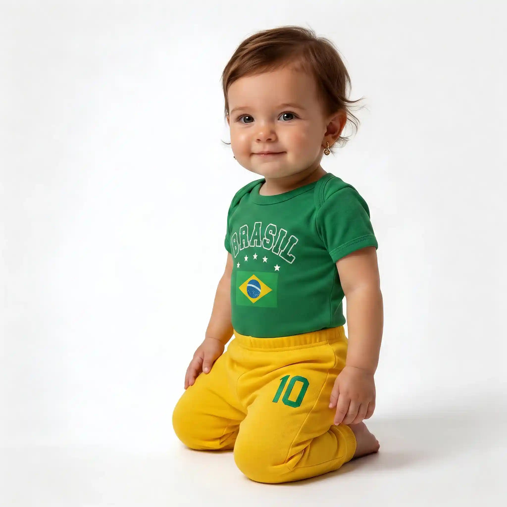 Bebê usando body brasil bandeira estilizada verde algodão — look torcida Copa 2026 VAI DAR BRASIL