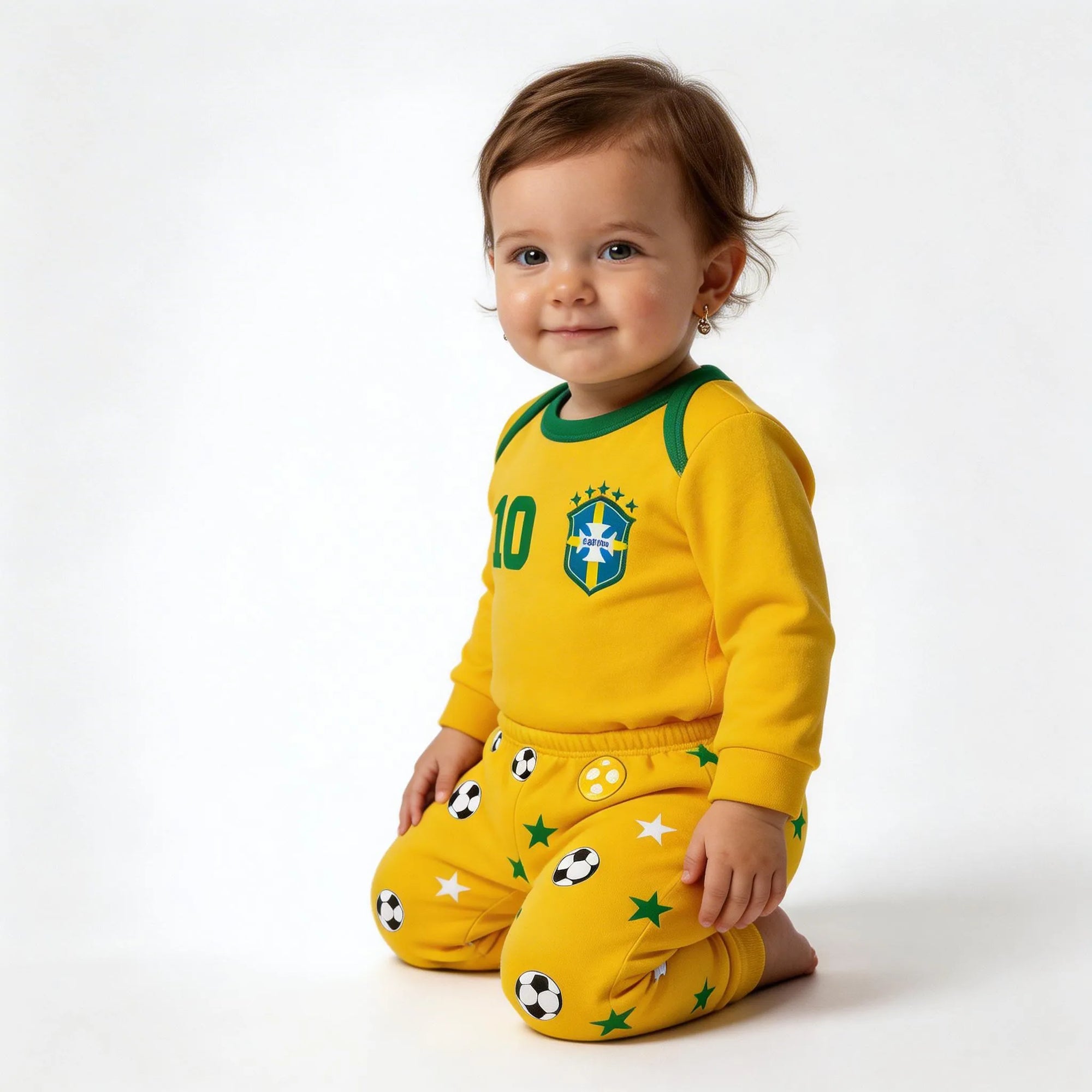 Bebê vestindo body copa do mundo algodão premium amarelo brasil VAI DAR BRASIL — torcedor Copa 2026