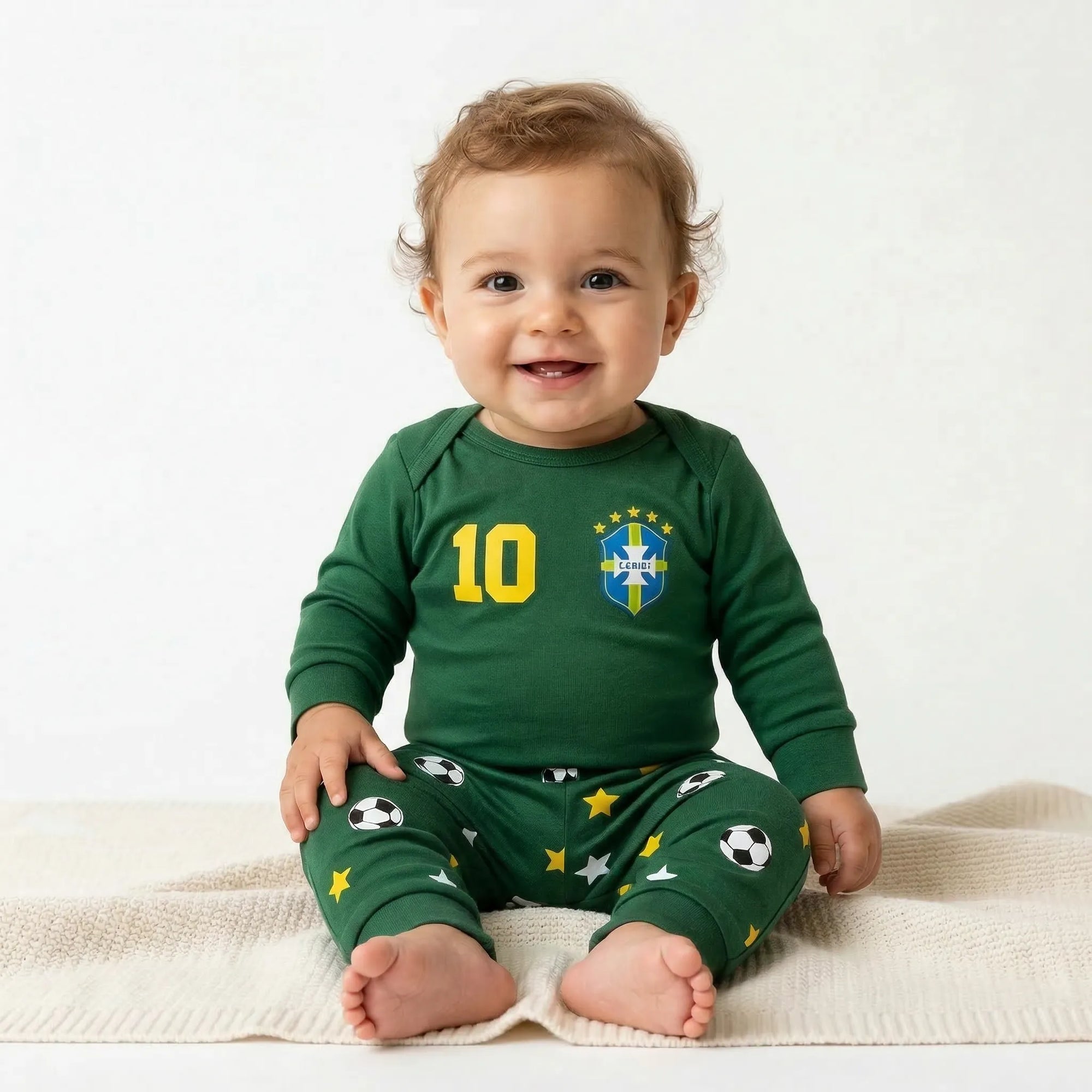 Bebê vestindo body copa do mundo algodão premium verde brasil VAI DAR BRASIL — torcedor Copa 2026