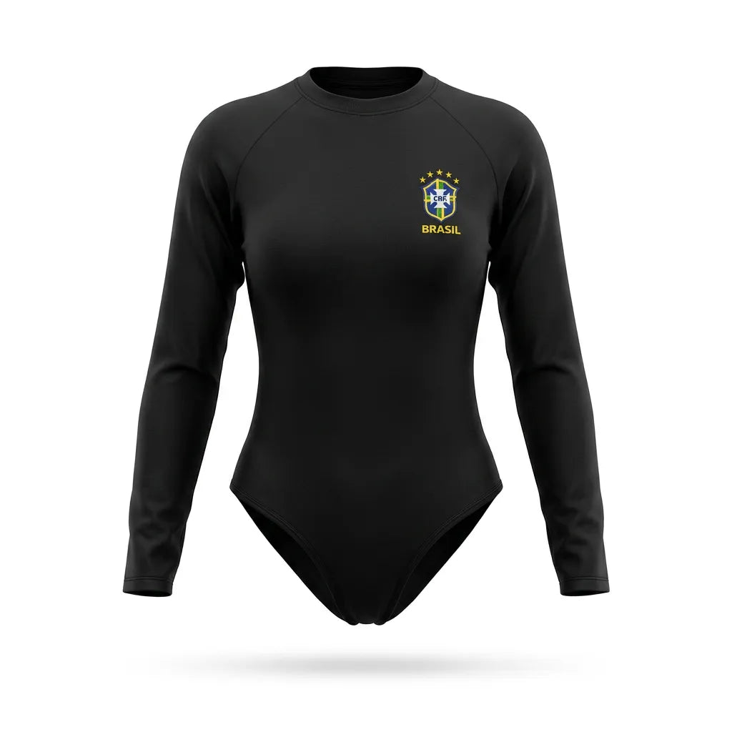 Body gola alta feminino brasil brasão manga longa elastano verde preto — vista frontal — VAI DAR BRASIL Copa 2026