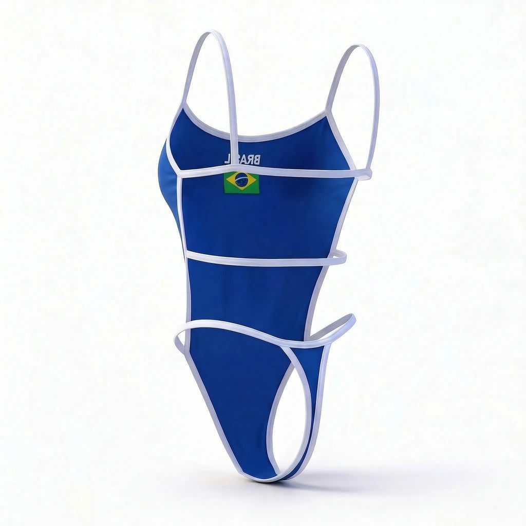 Vista traseira body maiô cavado vazado brasil suplex azul slim feminino VAI DAR BRASIL — Copa 2026