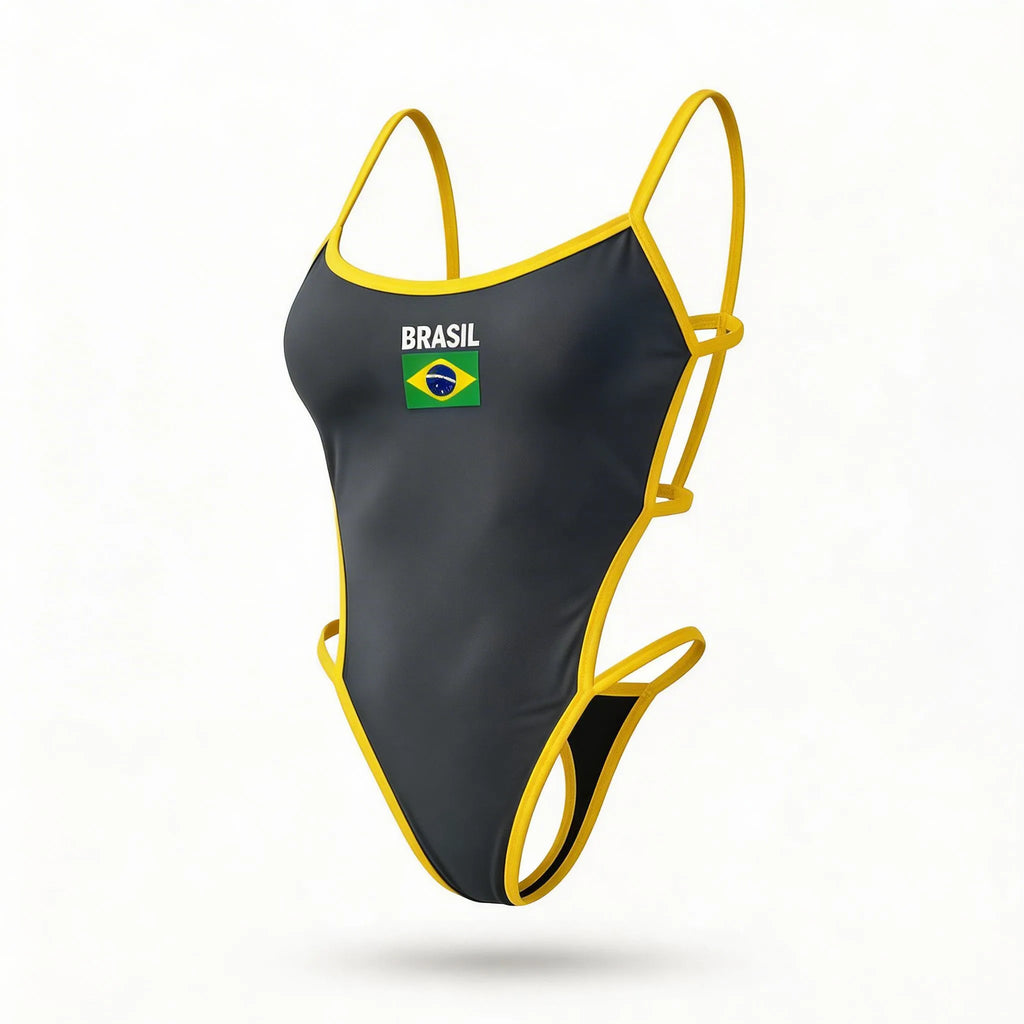 Body maiô cavado vazado brasil suplex slim preto com bandeira estilizada feminino — VAI DAR BRASIL Copa 2026