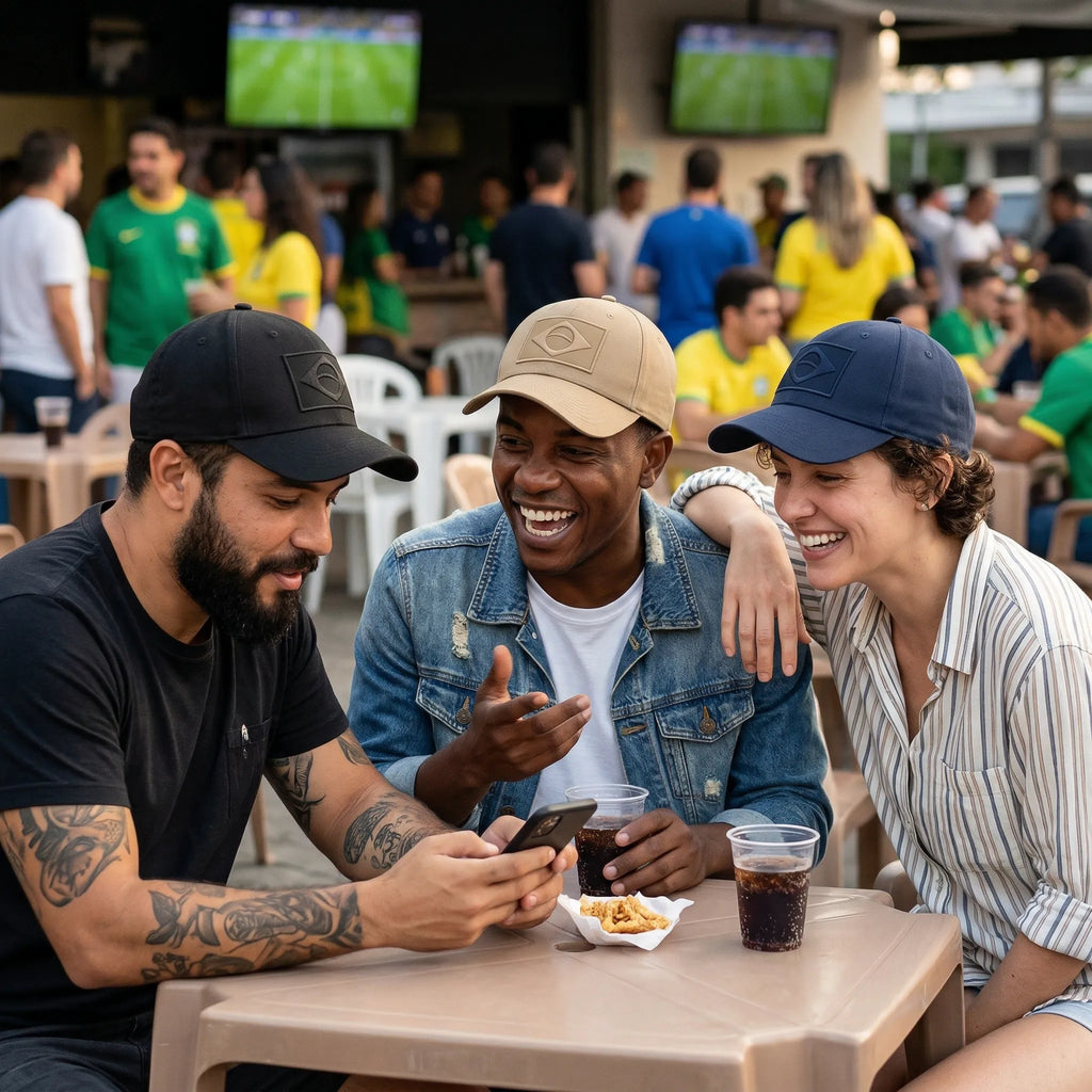 Homem usando boné Brasil bordado preto VAI DAR BRASIL em dia de jogo — torcedor Copa 2026