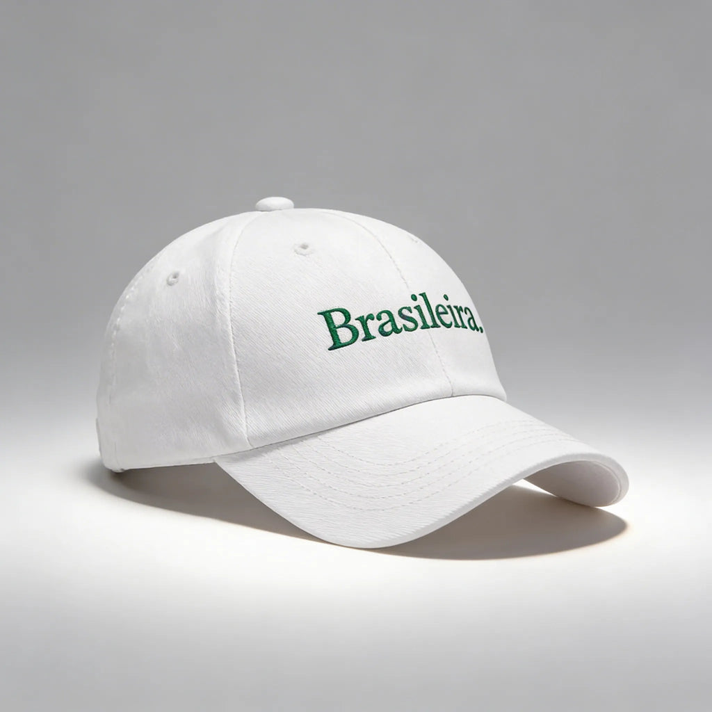 Boné brasil feminino bordado aba curva branco ajustável — VAI DAR BRASIL Copa 2026 torcedora