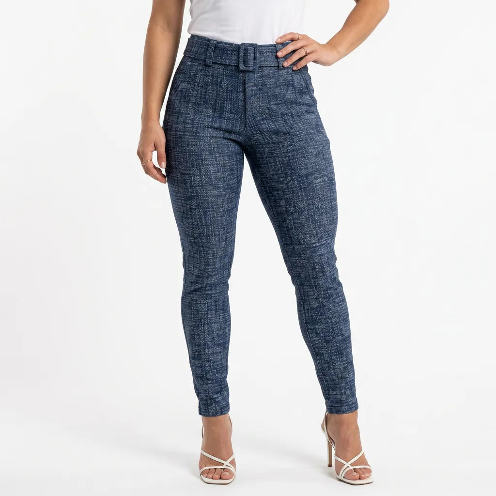 Calça Legging Feminina Jacquard Mesclada Cinto Fixo Elastano