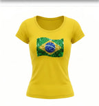 Blusinha t-shirt feminina brasil bandeira viscolycra amarela — vista frontal — VAI DAR BRASIL Copa 2026