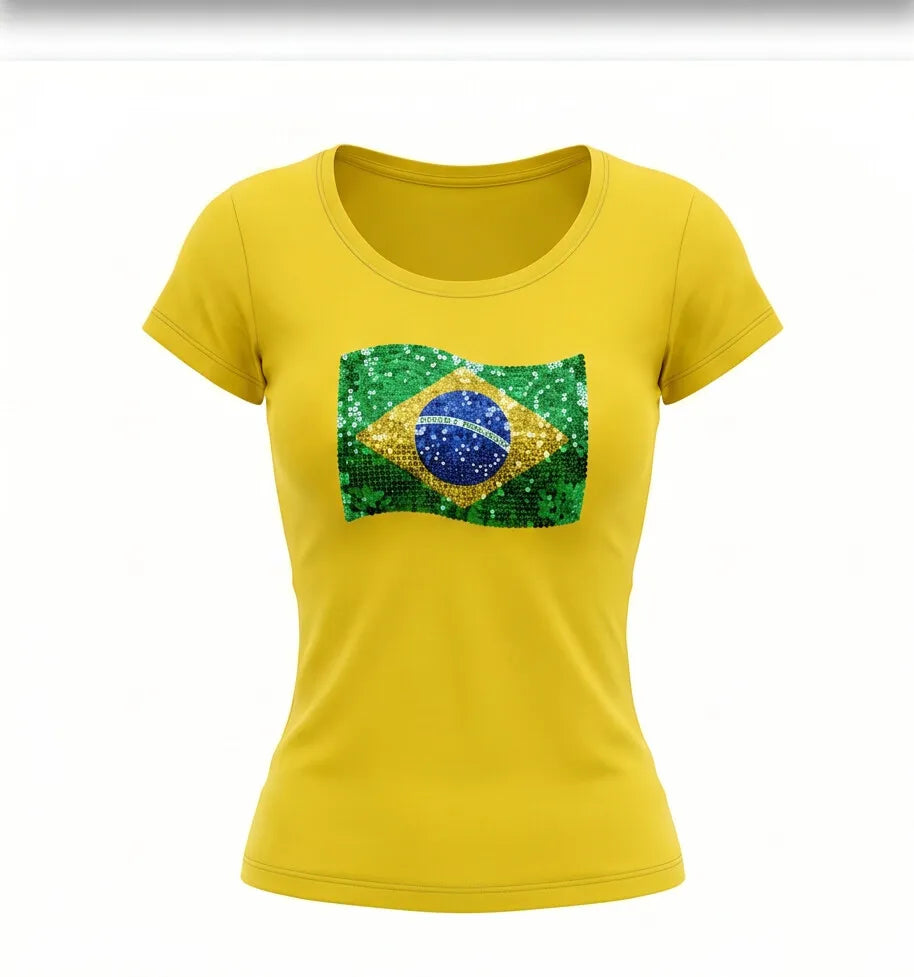 Blusinha t-shirt feminina brasil bandeira viscolycra amarela — vista frontal — VAI DAR BRASIL Copa 2026