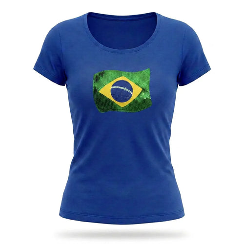 Blusinha t-shirt feminina brasil bandeira viscolycra azul — vista frontal — VAI DAR BRASIL Copa 2026