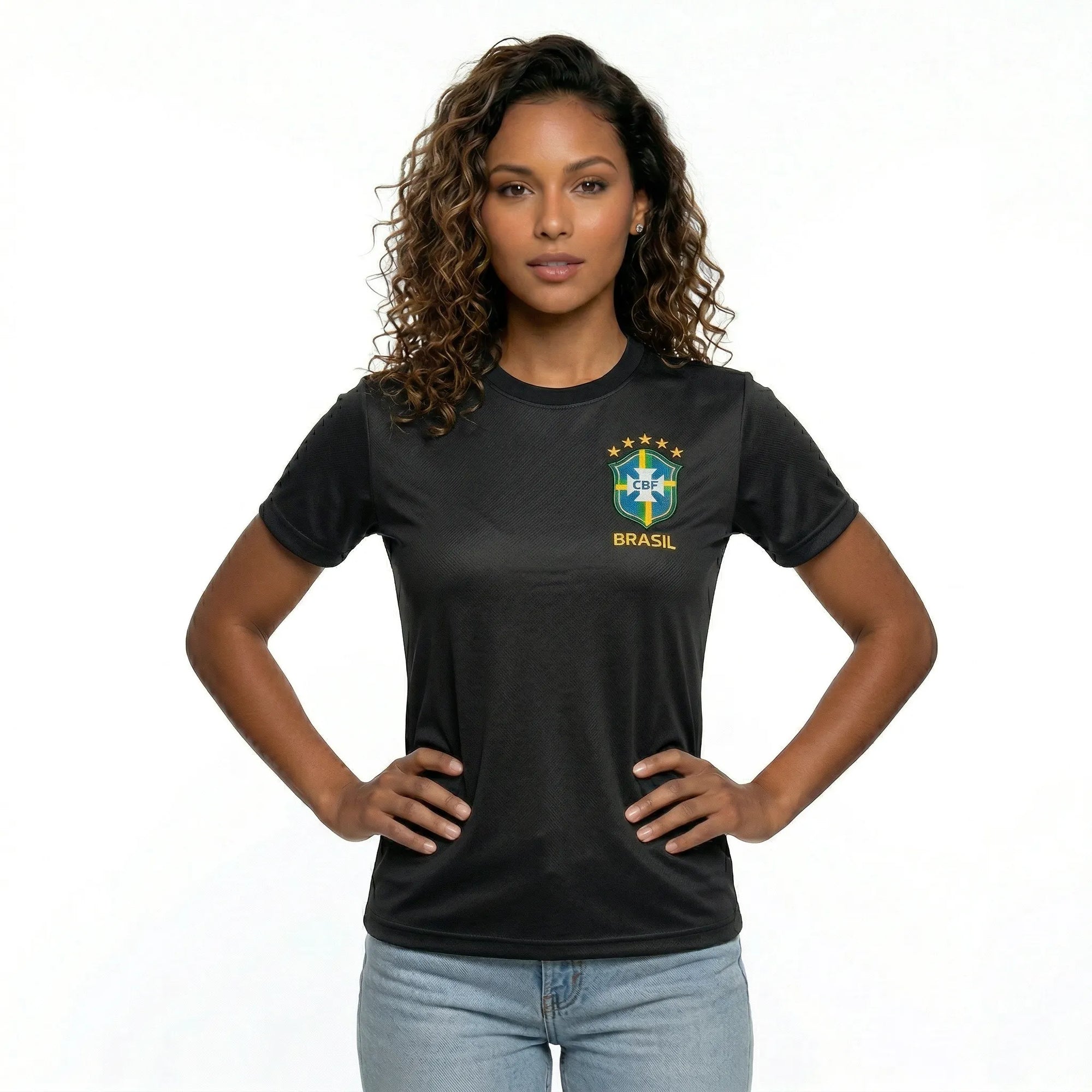 Camisa brasil bordada dry fit feminina preta logo oficial regular — VAI DAR BRASIL Copa 2026