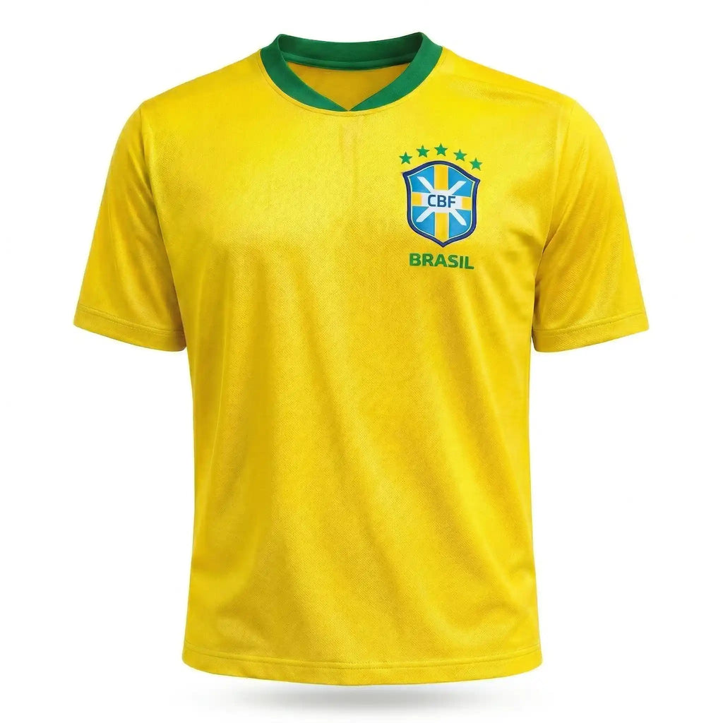 Torcedor usando camisa brasil bordada dry fit amarela masculina regular VAI DAR BRASIL — Copa 2026