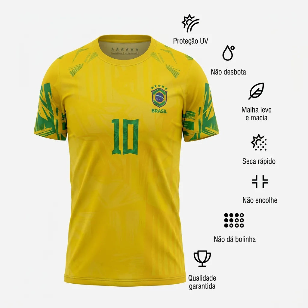 Camisa dry-fit masculina brasil brasão amarelo proteção uv — vista frontal — VAI DAR BRASIL Copa 2026