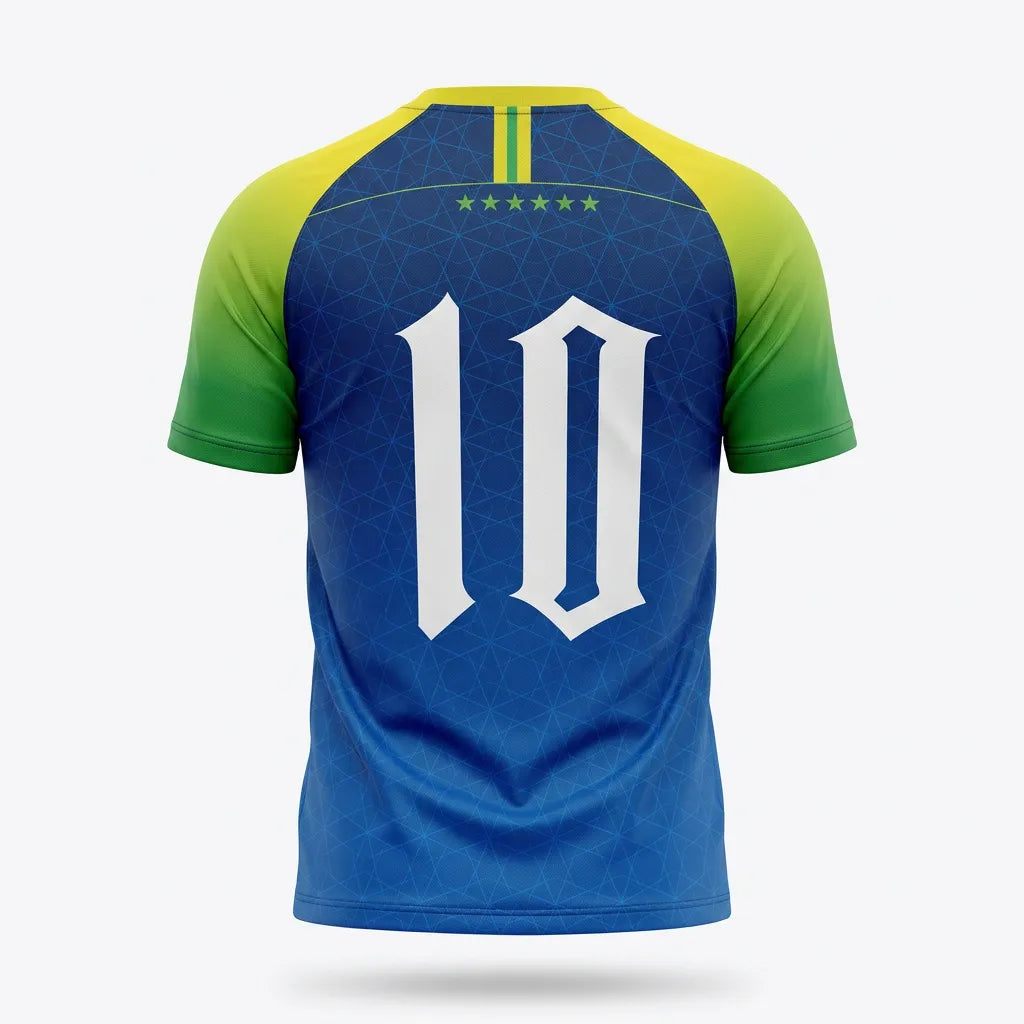 Vista traseira camisa dry-fit brasil número 10 costas verde amarelo azul uv — Copa 2026 VAI DAR BRASIL