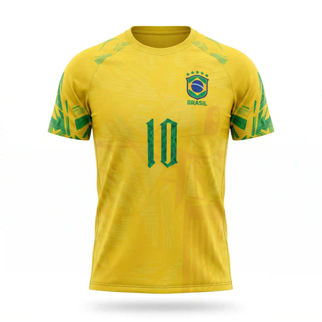 Camisa dry-fit masculina brasil brasão amarelo proteção uv — vista frontal — VAI DAR BRASIL Copa 2026
