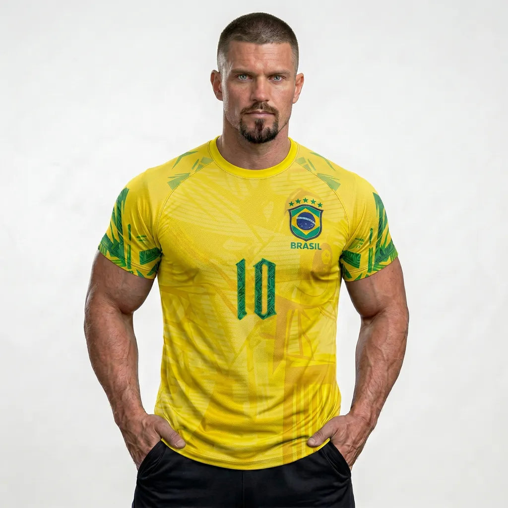 Modelo vestindo camisa dry-fit masculina brasil brasão número 10 amarelo — look torcedor Copa 2026 VAI DAR BRASIL