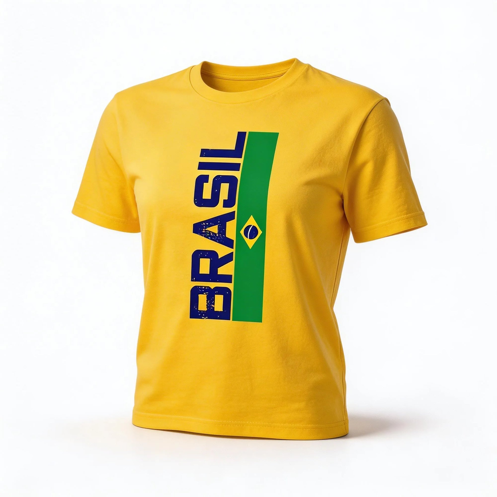 Camiseta brasil algodão feminino fit regular amarelo com bandeira estilizada frontal — VAI DAR BRASIL Copa 2026