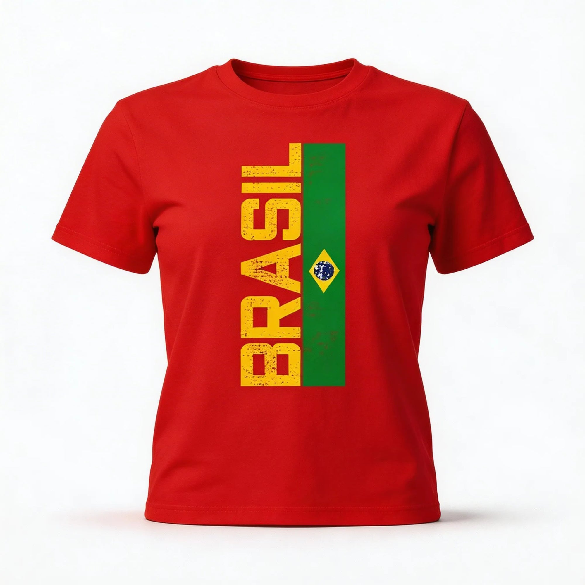 Camiseta brasil algodão feminino fit regular vermelho com bandeira estilizada frontal — VAI DAR BRASIL Copa 2026