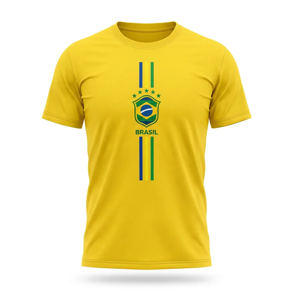 Camiseta brasil 3 riscos algodão premium amarelo  — vista frontal — VAI DAR BRASIL Copa 2026