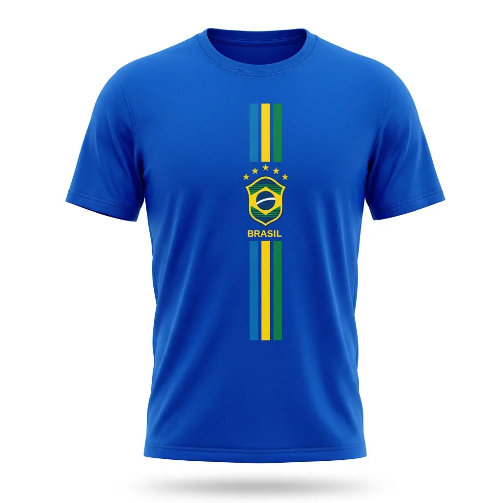 Camiseta brasil 3 riscos algodão premium azul — vista frontal — VAI DAR BRASIL Copa 2026
