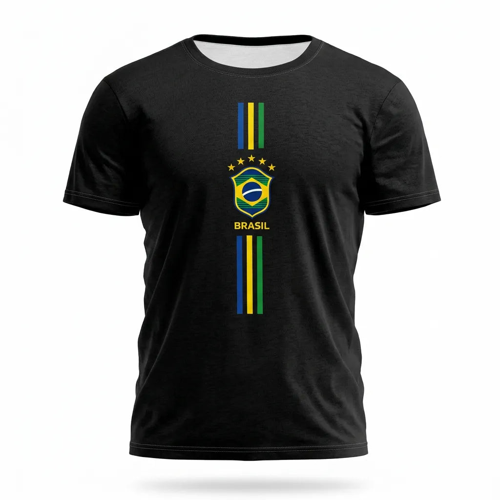 Camiseta brasil 3 riscos algodão premium preto — vista frontal — VAI DAR BRASIL Copa 2026