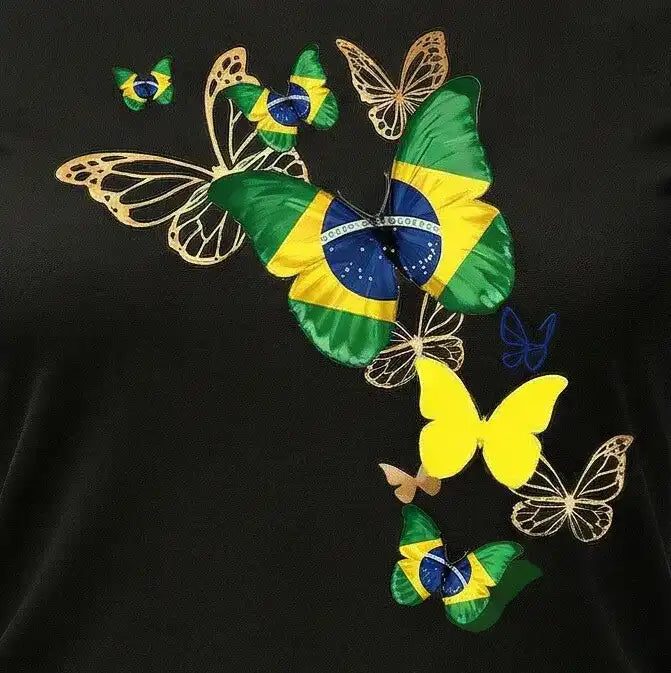 Vista estampa camiseta feminina brasil borboletas algodão preto premium VAI DAR BRASIL — Copa 2026