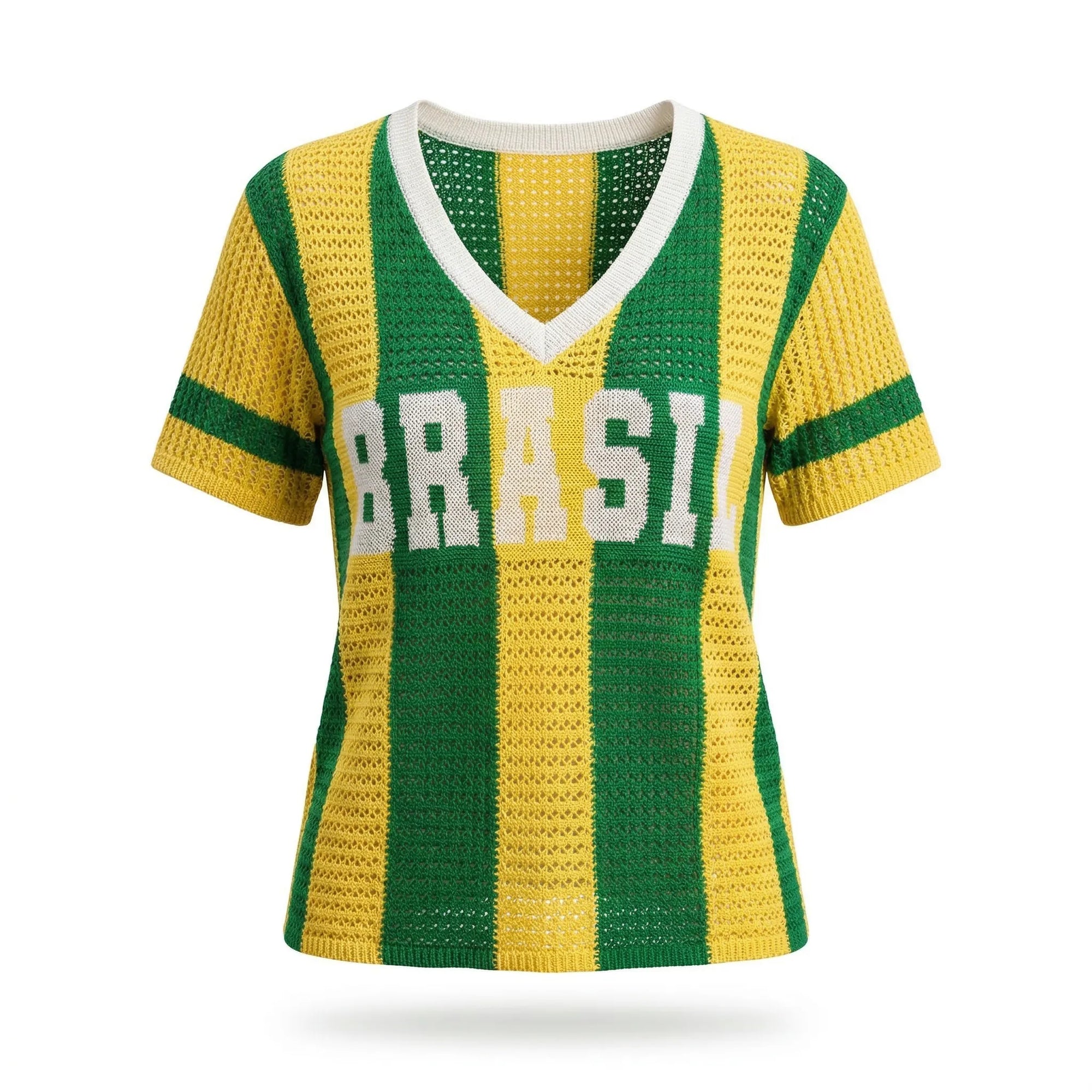 Camiseta crochê artesanal BRASIL feminino fit regular verde amarelo — VAI DAR BRASIL Copa 2026