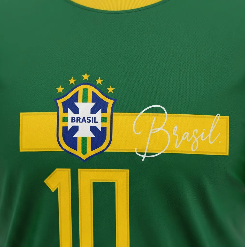 Vista estampa camiseta masculina brasil faixa streetwear algodão verde azul amarelo — fit regular Copa 2026 VAI DAR BRASIL