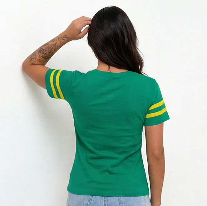 Vista traseira camiseta brasil feminino fit regular amarelo VAI DAR BRASIL — tecido leve Copa 2026
