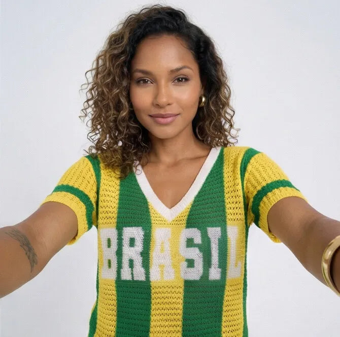 Camiseta crochê artesanal BRASIL feminino fit regular verde amarelo — VAI DAR BRASIL Copa 2026