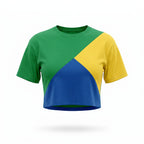 Camiseta cropped feminina oversized verde amarelo estampa bandeira do Brasil — vista frontal — VAI DAR BRASIL Copa 2026