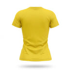 Vista traseira camiseta dry-fit babylook brasil amarela bandeira — fit delineado Copa 2026 VAI DAR BRASIL