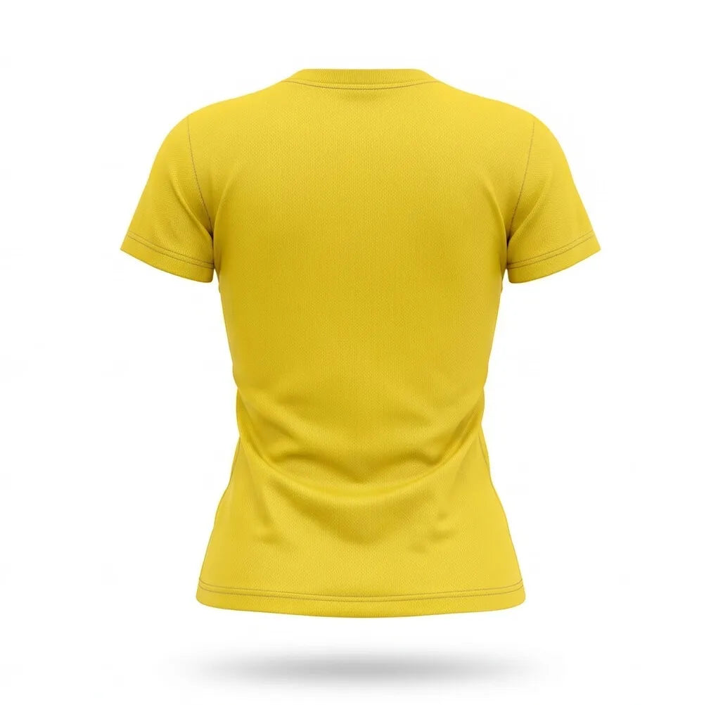 Vista traseira camiseta dry-fit babylook brasil amarela bandeira — fit delineado Copa 2026 VAI DAR BRASIL