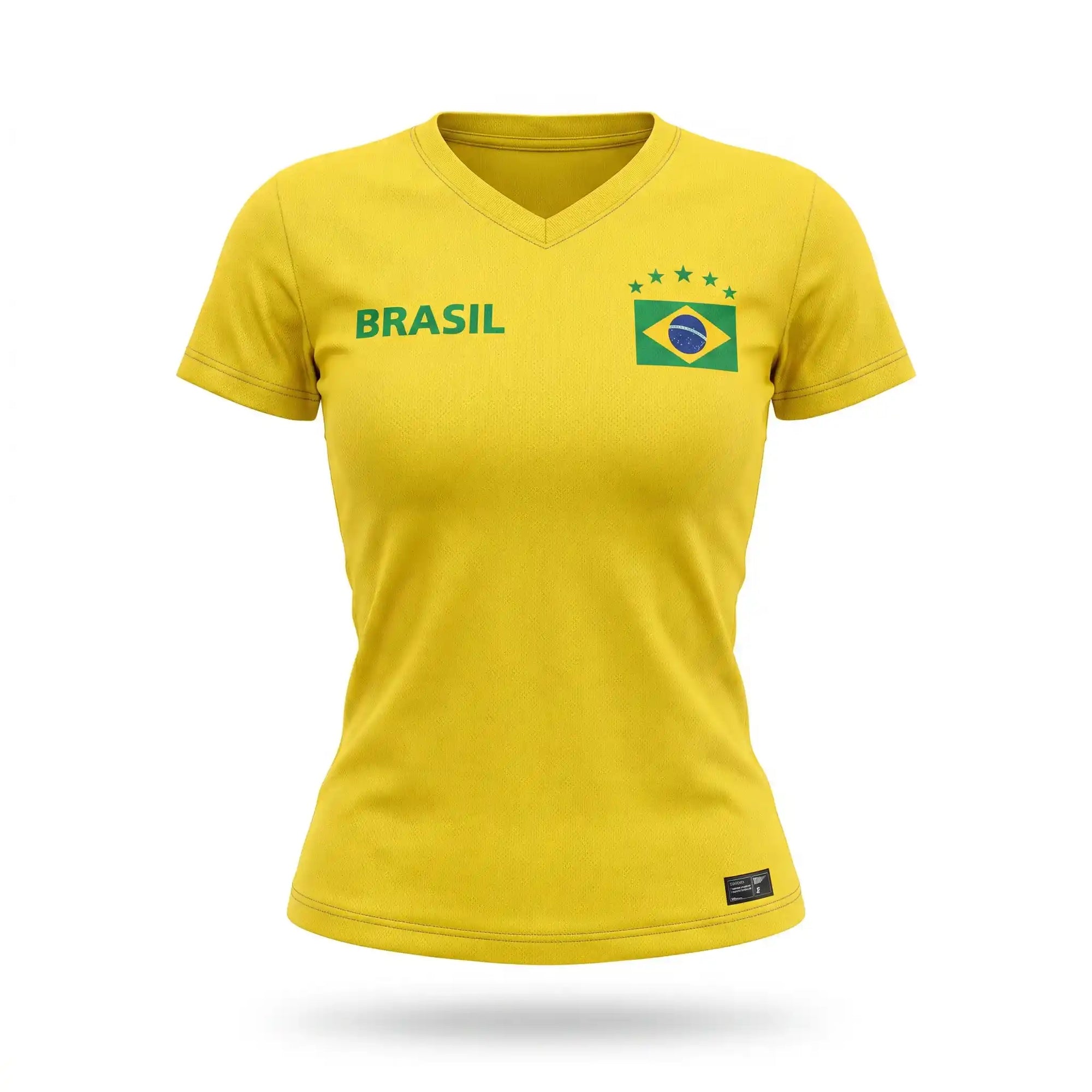 Camiseta dry-fit babylook feminina brasil amarela bandeira BRASIL frontal — vista frente — VAI DAR BRASIL Copa 2026