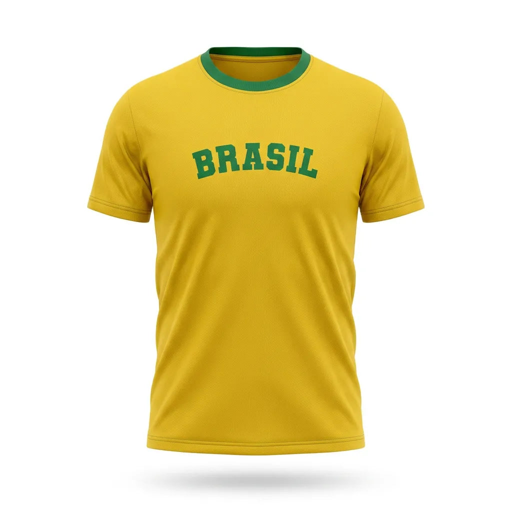 Camiseta dry-fit premium masculina brasil BRASIL amarelo — vista frontal — VAI DAR BRASIL Copa 2026