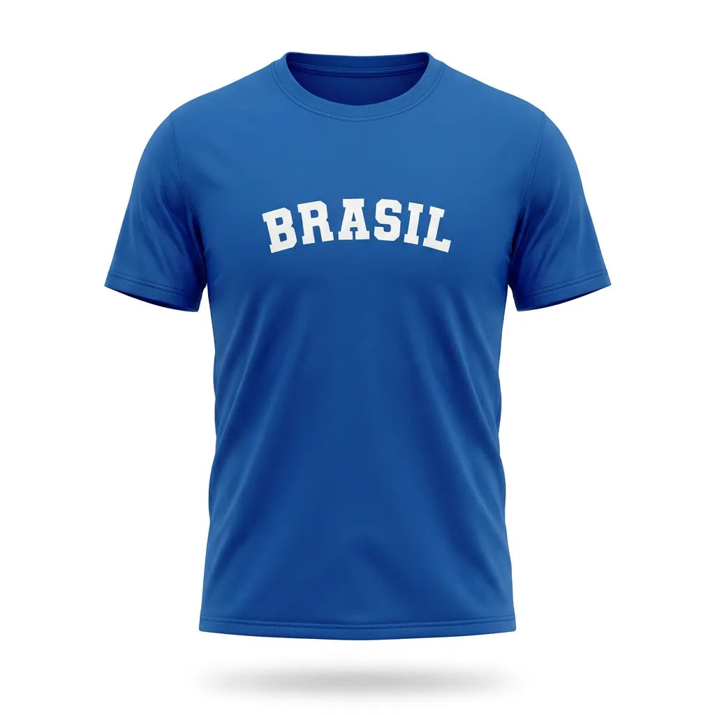 Camiseta dry-fit premium masculina brasil BRASIL azul — vista frontal — VAI DAR BRASIL Copa 2026