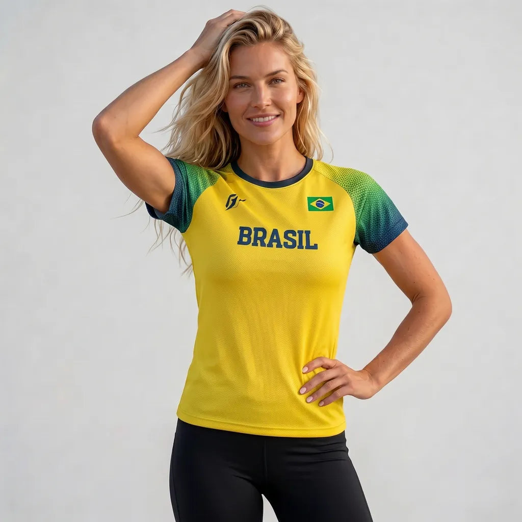 Camiseta Feminina Brasil ✦ Bandeira Dry-fit UV Copa | VAI DAR BRASIL