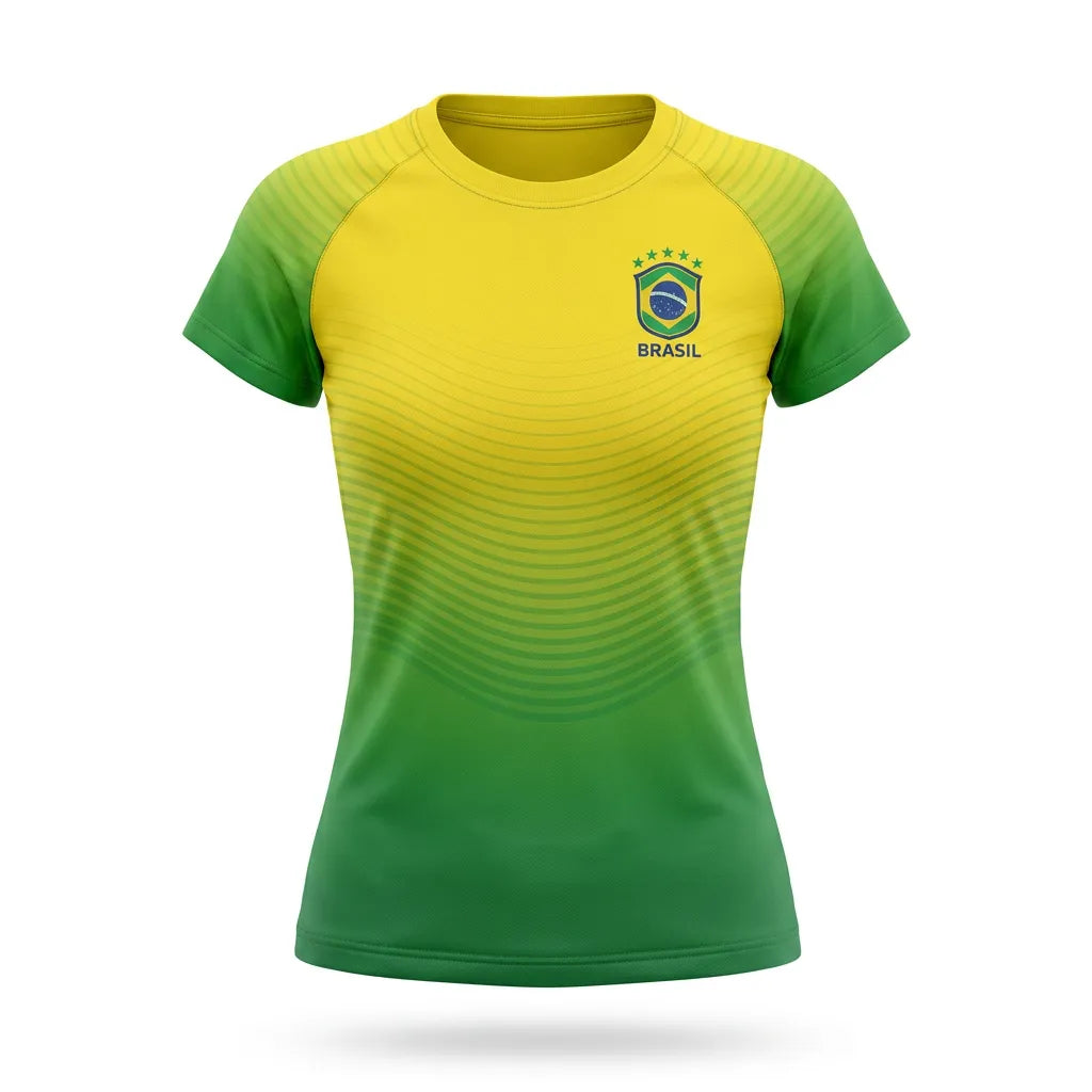 Camiseta feminina brasil bandeira dry-fit uv verde amarelo — vista frontal — VAI DAR BRASIL Copa 2026 torcedora