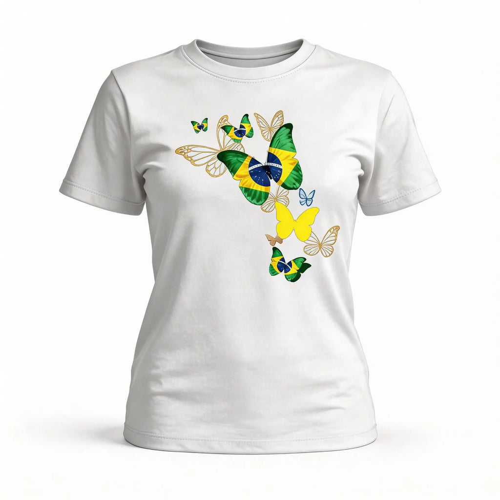 Camiseta feminina brasil borboletas algodão premium branca bandeira estilizada — VAI DAR BRASIL Copa 2026