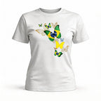 Camiseta feminina brasil borboletas algodão premium branca bandeira estilizada — VAI DAR BRASIL Copa 2026