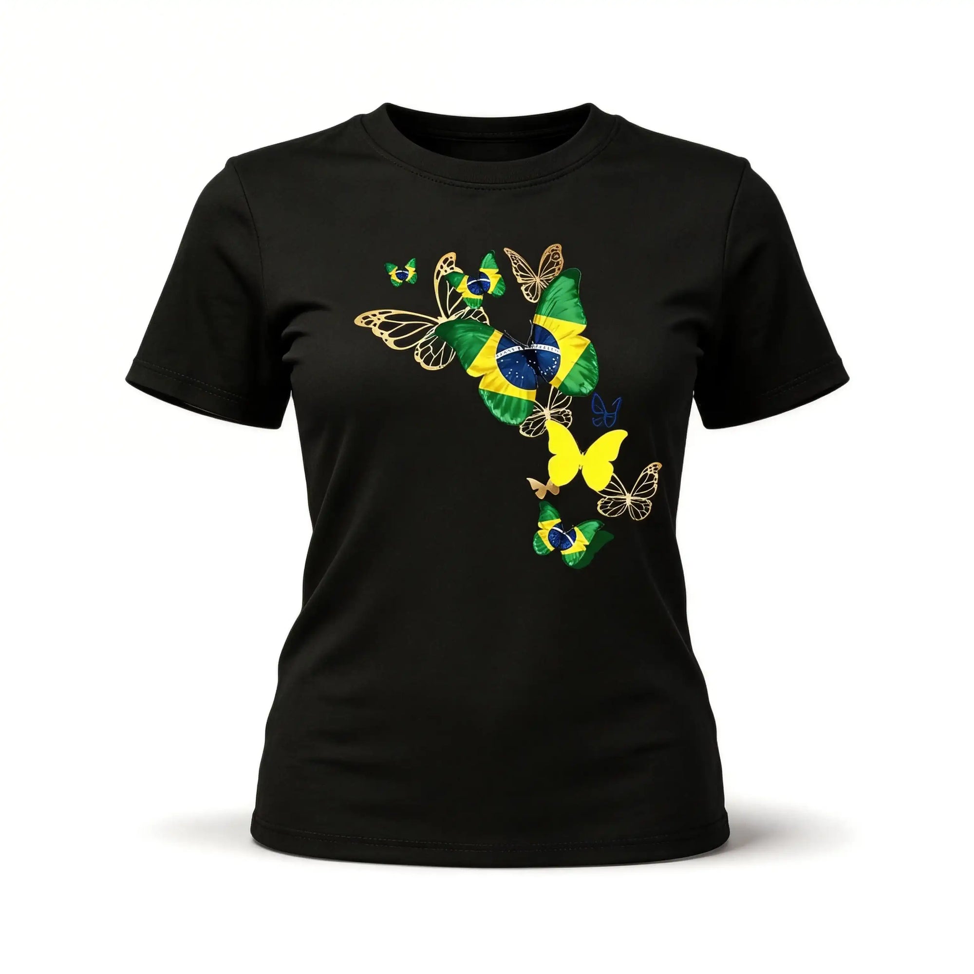 Camiseta feminina brasil borboletas algodão premium preta bandeira estilizada — VAI DAR BRASIL Copa 2026