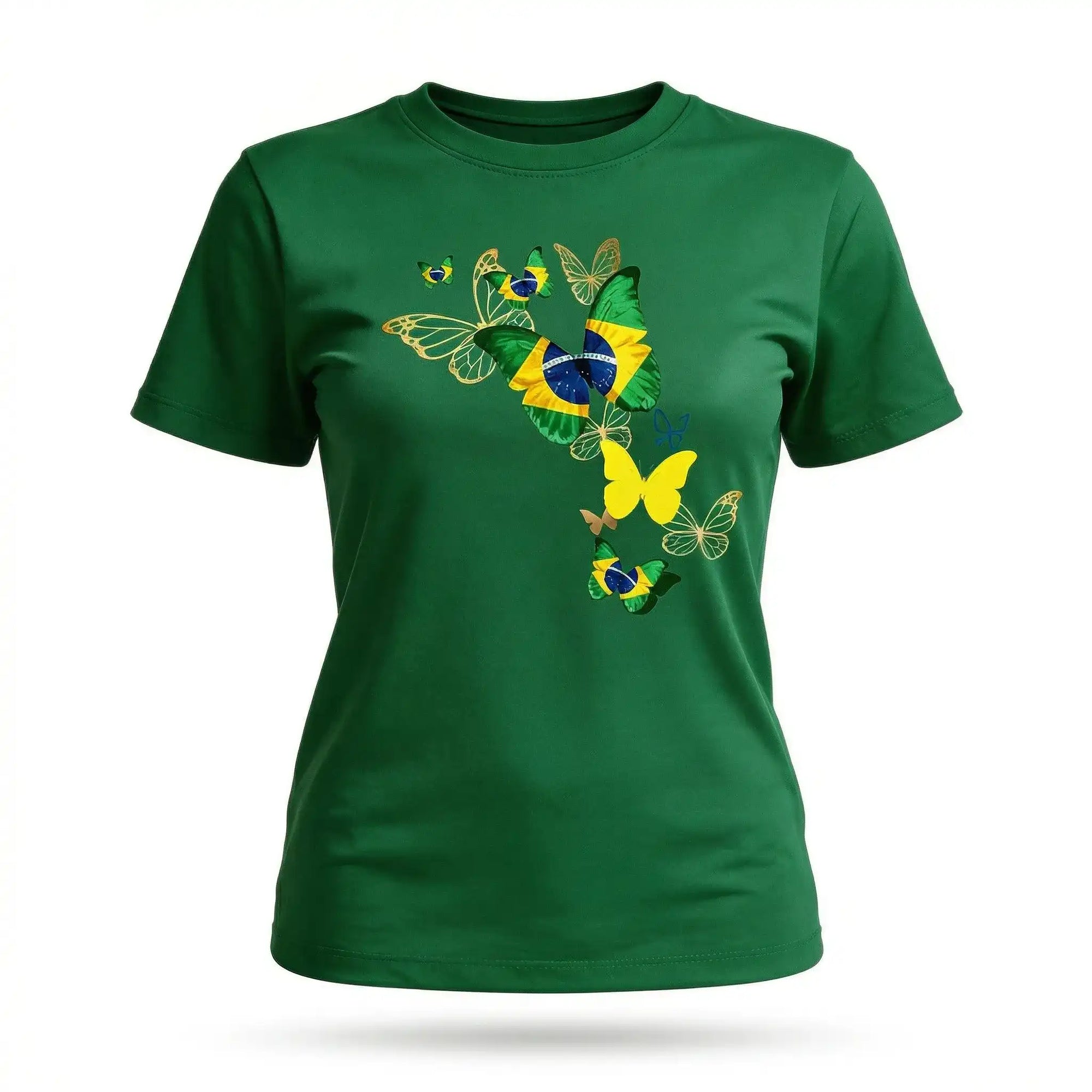 Camiseta feminina brasil borboletas algodão premium verde bandeira estilizada — VAI DAR BRASIL Copa 2026