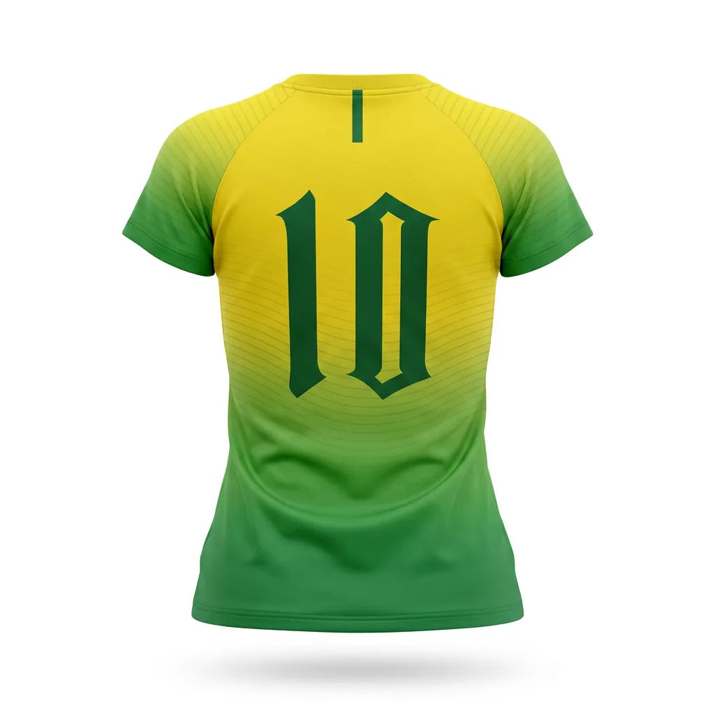 Vista traseira camiseta feminina brasil número 10 costas dry-fit verde amarelo uv — Copa 2026 VAI DAR BRASIL