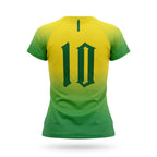 Vista traseira camiseta feminina brasil número 10 costas dry-fit verde amarelo uv — Copa 2026 VAI DAR BRASIL